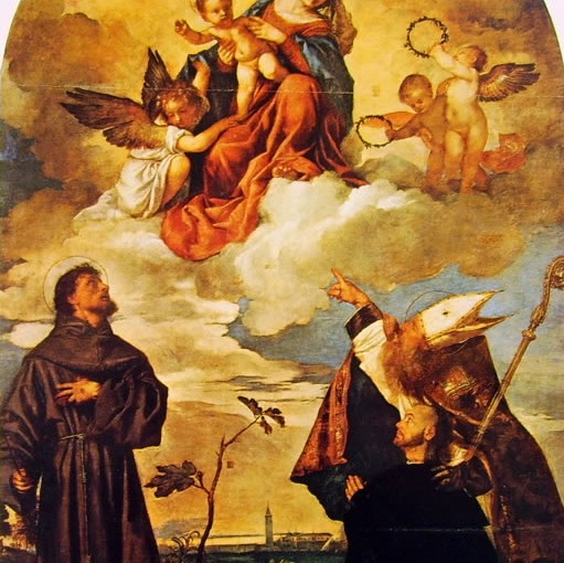 Tiziano Vecellio: Madonna in gloria con il bambino e i santi Francesco e Alvise e il donatore Luigi Gozzi, cm. 312 x 215, Museo Civico di Ancona.